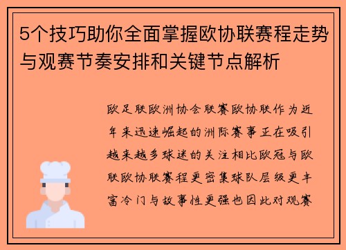 5个技巧助你全面掌握欧协联赛程走势与观赛节奏安排和关键节点解析